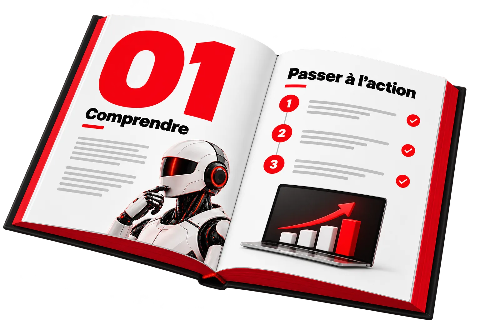 Illustration conceptuelle d’un guide ouvert présentant une méthode étape par étape