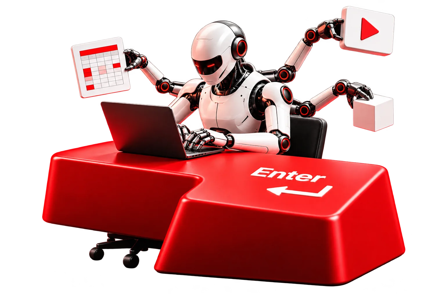 Robot assistant au travail devant une touche Entrée rouge