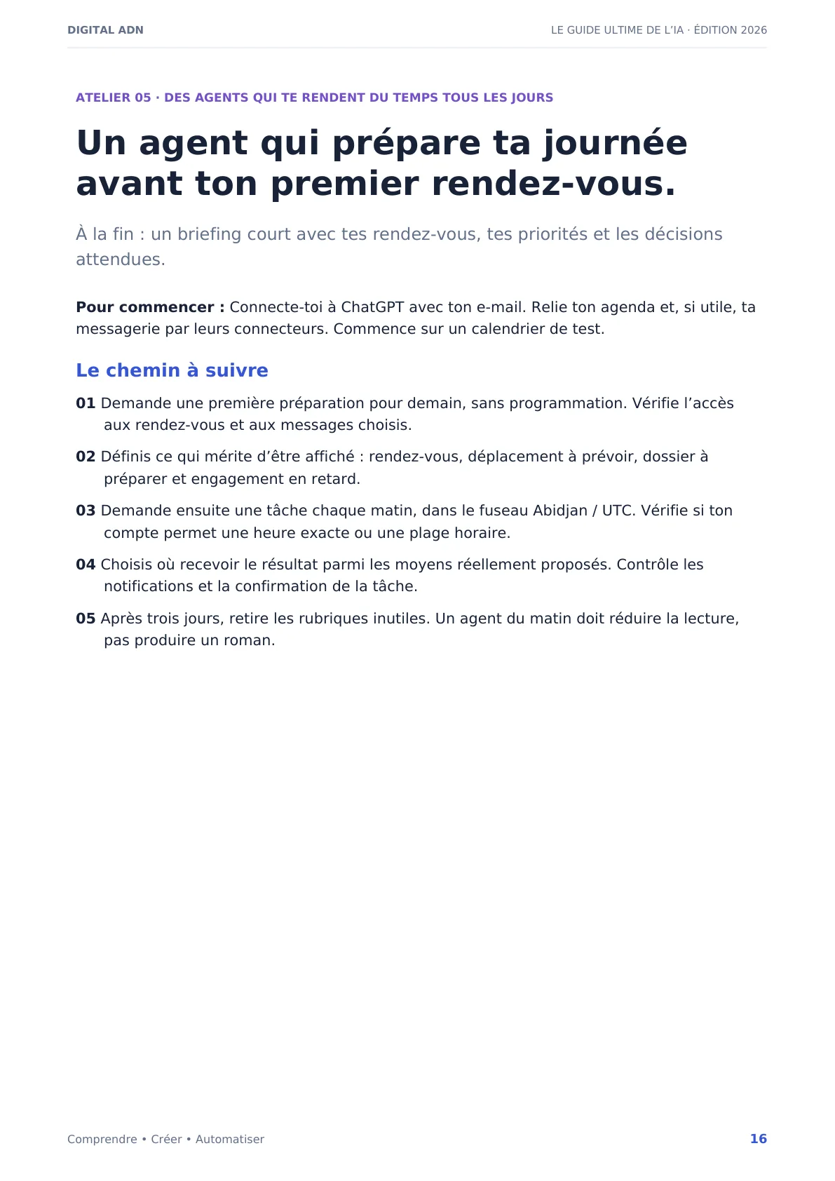 Page réelle de l’atelier sur l’agent qui prépare la journée