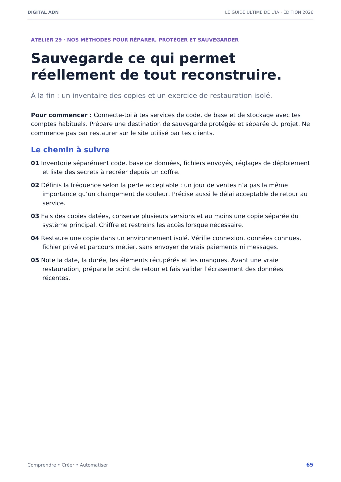 Page réelle de l’atelier sur les sauvegardes