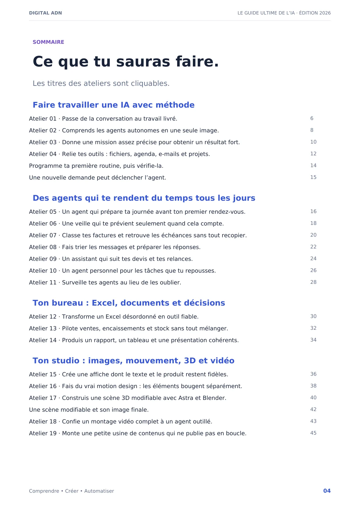 Extrait du sommaire réel du Guide ultime de l’IA 2026